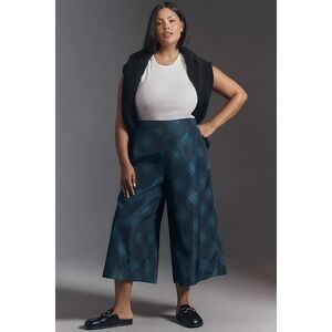 NWT Anthropologie Maeve Taffeta Cropped Wide-Leg Pants Blue Green Tartan Plaid